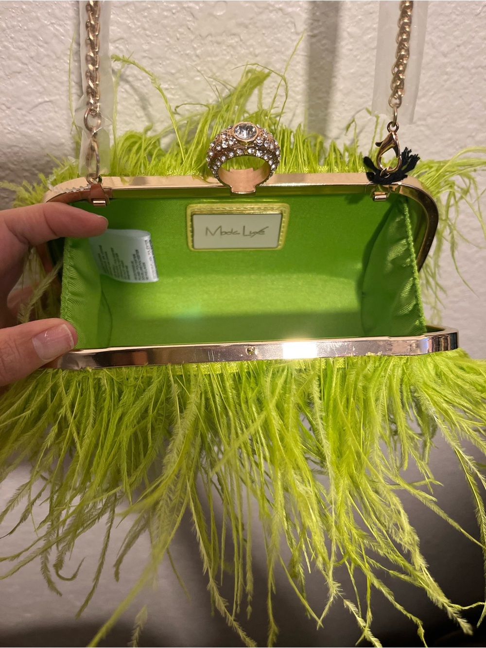 Sara Campbell Neon Lime Feather Shoulder Clutch with Chain - Picture 5 of 5